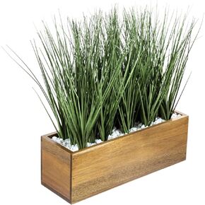 MyGift 12 Inch Artificial Green Grass Plants in Solid Acacia Wood Planter Box, Faux Greenery Plant Centerpiece in Decorative Rectangular Wooden Container