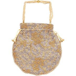 NEW! Touchstone Indian Hand Embroidered Floral Shopping Gifts Jewelry Wedding Sweet Distribution Faux Pearls Strings Drawstring Blue Orange Grey Fancy Bag Purse Pouch (Set of 3) for Women.