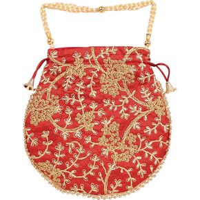 NEW! Touchstone Indian Hand Embroidered Floral Shopping Gifts Jewelry Wedding Sweet Distribution Faux Pearls Strings Drawstring Blue Orange Grey Fancy Bag Purse Pouch (Set of 3) for Women.