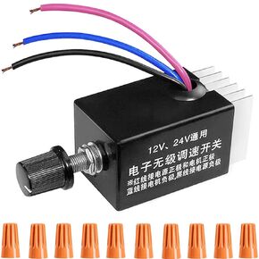DC Motor Speed Controller DC 12V 24V 10A Switch Universal Electronic Stepless Speed Regulator with Wiring Cap for Car Truck Fan Heater Control