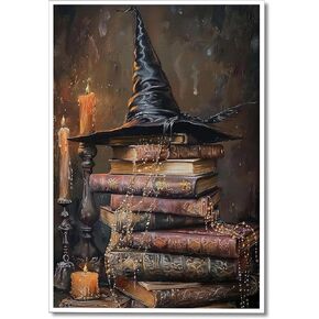 Cabin witch hat and magic book canvas print, Halloween mural, Halloween decoration, witch poster 12x16in Unframed