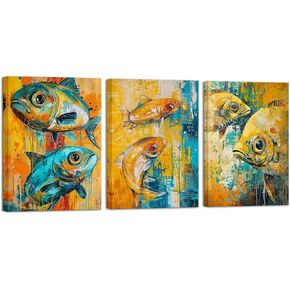 ChaudArt 3 Piece Canvas Wall Art for Living Room Yellow and Teal Fish Paintings Artwork Modern Home Decor Vitage Poster and Prints Ready to Hang