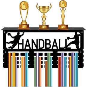 CREATCABIN Medal Trophy Holder Handball Medal Hanger Display with Shelf Black Sports Rack Iron Frame Wall Mount Metal Medal Showcase Hooks for Hanging Medals Hand Ball Player Medalist 15.7 x 7.9Inch