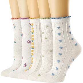 albagu Womens Crew Socks Thin Breathable Cotton Casual Socks for Women Cute Girls White Socks 5 Pack