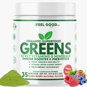 The Feel Good Super Greens Powder - Organic Green Juice, Wheat Grass No Added Sugar, Spirulina, Chlorella, Probiotics, Digestive Enzyme, Antioxidant Rich, Immunity Boost Green Superfood, 35 SVG, Berry