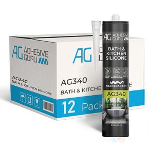 Adhesive Guru AG340 Clear Silicone Sealant (12x10.14 fl oz), 100% Silicone Caulk, Weatherproof & Flexible Adhesive Sealant for Bath and Kitchen, 12 Pack