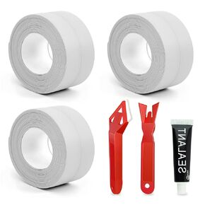 Honitra 3 Roll White Caulk Strip, 1.5" x 10.5Ft Self Adhesive Caulk Tape with 2 Pcs Caulking Tool and 1 Glue, Waterproof Caulking Sealing Tape for Kitchen Toilet Bathroom Sink Basin Edge Protector
