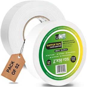 Wow Gaffers Tape 2 Inch White - 50 Yards (Pack of 2), Residue Free, Non-Reflective & Heavy-Duty - Professional Grade Gaff Tape - Ideal for Photography Backdrop, Cables, Cords & Floor Taping