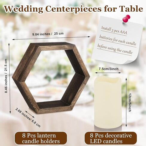 مجموعة فوانيس الشموع الخشبية المكونة من 16 قطعة تتضمن 8 قطع مركزية لحفلات الزفاف الريفية لفوانيس الشموع المزخرفة للطاولة و8 شموع LED مزخرفة عديمة اللهب لحفلات الزفاف، بني داكن، سداسي in Kuwait