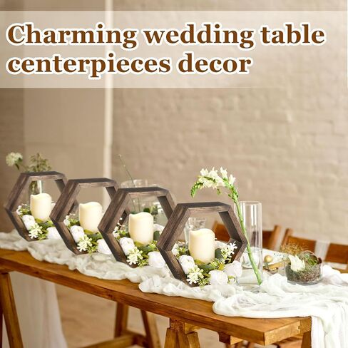 مجموعة فوانيس الشموع الخشبية المكونة من 16 قطعة تتضمن 8 قطع مركزية لحفلات الزفاف الريفية لفوانيس الشموع المزخرفة للطاولة و8 شموع LED مزخرفة عديمة اللهب لحفلات الزفاف، بني داكن، سداسي in Kuwait