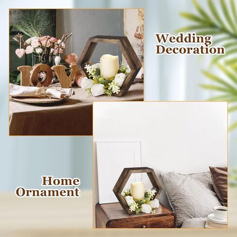 مجموعة فوانيس الشموع الخشبية المكونة من 16 قطعة تتضمن 8 قطع مركزية لحفلات الزفاف الريفية لفوانيس الشموع المزخرفة للطاولة و8 شموع LED مزخرفة عديمة اللهب لحفلات الزفاف، بني داكن، سداسي in Kuwait