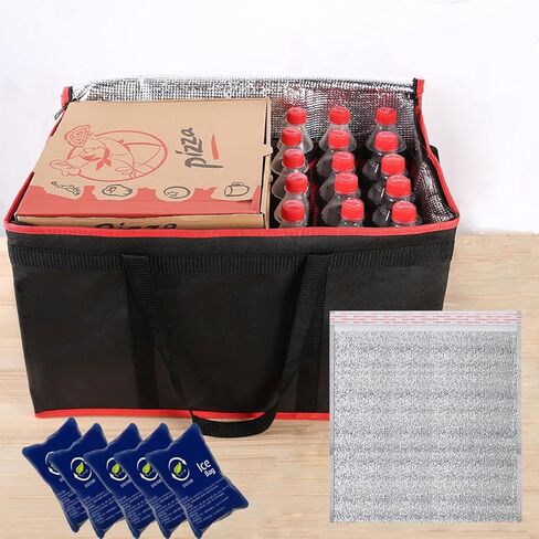 حقيبة توصيل الطعام المعزولة NKA، مقاس XXXL، حقيبة توصيل البيتزا الكبيرة، حدود حمراء سوداء in Kuwait