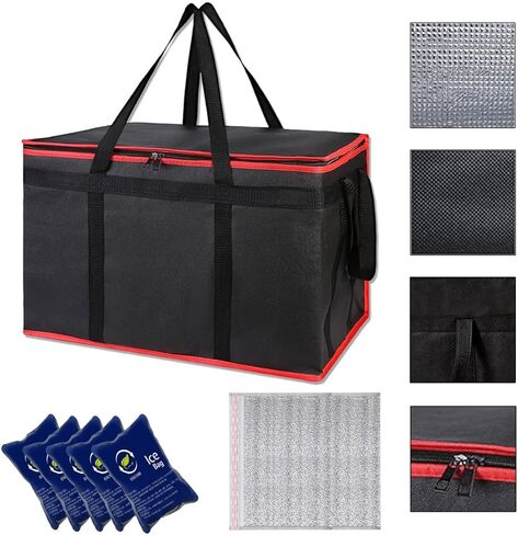 حقيبة توصيل الطعام المعزولة NKA، مقاس XXXL، حقيبة توصيل البيتزا الكبيرة، حدود حمراء سوداء in Kuwait