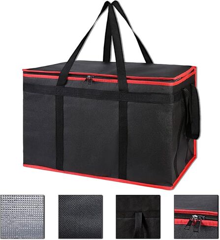 حقيبة توصيل الطعام المعزولة NKA، مقاس XXXL، حقيبة توصيل البيتزا الكبيرة، حدود حمراء سوداء in Kuwait