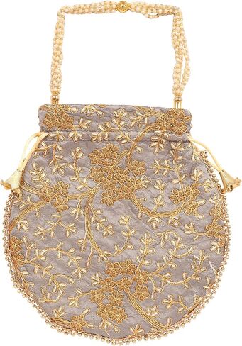 NEW! Touchstone Indian Hand Embroidered Floral Shopping Gifts Jewelry Wedding Sweet Distribution Faux Pearls Strings Drawstring Blue Orange Grey Fancy Bag Purse Pouch (Set of 3) for Women. in Saudi Arabia