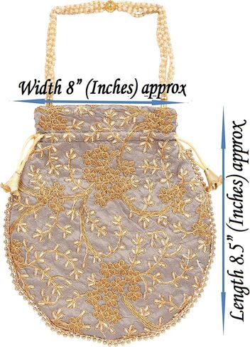 NEW! Touchstone Indian Hand Embroidered Floral Shopping Gifts Jewelry Wedding Sweet Distribution Faux Pearls Strings Drawstring Blue Orange Grey Fancy Bag Purse Pouch (Set of 3) for Women. in Saudi Arabia