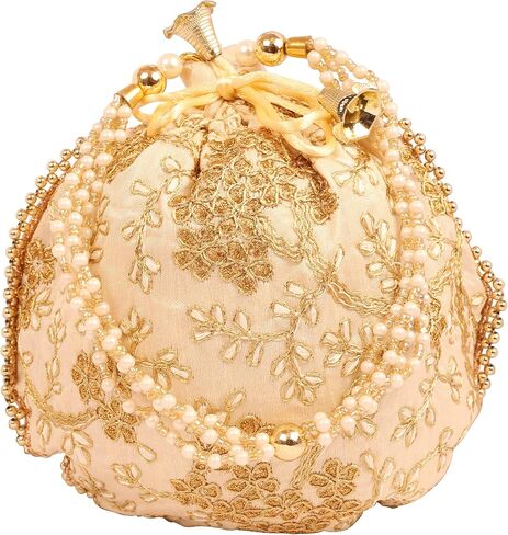 NEW! Touchstone Indian Hand Embroidered Floral Shopping Gifts Jewelry Wedding Sweet Distribution Faux Pearls Strings Drawstring Blue Orange Grey Fancy Bag Purse Pouch (Set of 3) for Women. in Saudi Arabia