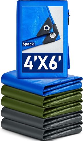 6 Pcs 6' x 8' Large Waterproof Tarp Heavy Duty 6 Mil Thick Poly Tarpaulin with Grommets Multipurpose Protective Cover for Summer Home Boats Cars Camping RV Pool Tent, Green, Silver, Blue in Saudi Arabia