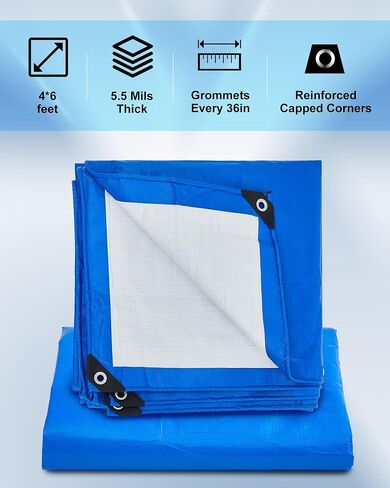 6 Pcs 6' x 8' Large Waterproof Tarp Heavy Duty 6 Mil Thick Poly Tarpaulin with Grommets Multipurpose Protective Cover for Summer Home Boats Cars Camping RV Pool Tent, Green, Silver, Blue in Saudi Arabia