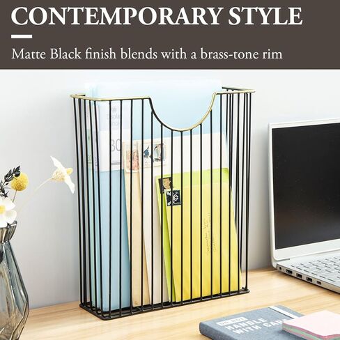 MyGift Art Deco Style Matte Black Metal Wire Magazine Rack with Brass Tone Rim - Wall Mounted Holder Storage Basket for Mail - Handcrafted in India in Saudi Arabia