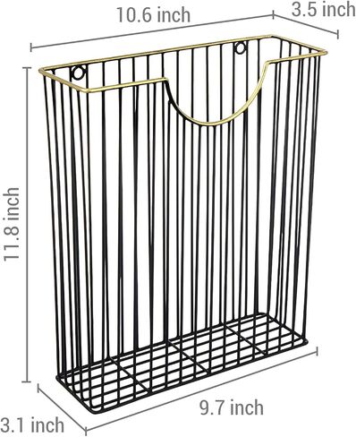MyGift Art Deco Style Matte Black Metal Wire Magazine Rack with Brass Tone Rim - Wall Mounted Holder Storage Basket for Mail - Handcrafted in India in Saudi Arabia