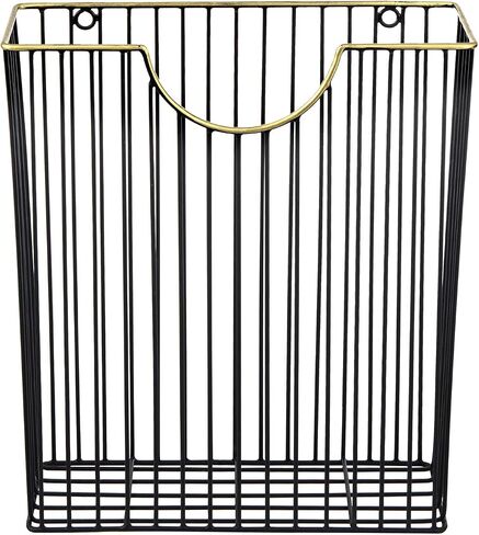 MyGift Art Deco Style Matte Black Metal Wire Magazine Rack with Brass Tone Rim - Wall Mounted Holder Storage Basket for Mail - Handcrafted in India in Saudi Arabia