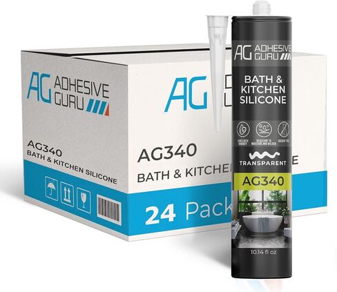 Adhesive Guru AG340 Clear Silicone Sealant (12x10.14 fl oz), 100% Silicone Caulk, Weatherproof & Flexible Adhesive Sealant for Bath and Kitchen, 12 Pack in Kuwait