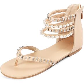 GATUXUS Women's Pearls Thong Flats Sandals Beads Ankle Strappy Back Zipper Flip Flops Dress Sandals Shoes