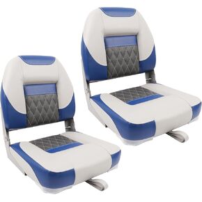 Deckpro Deluxe Low Back Boat Seat, Fold-Down Fishing Boat Seat Gray/Charcoal/Blue (2 Seats)