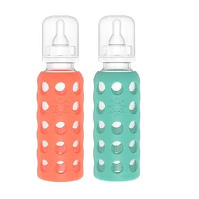 Lifefactory 9oz Glass Baby Bottle 2pk Bundle with 2 Stage 3 Nipples (Kale/Mango)