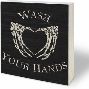 4"X4" Gothic Wooden Block Sign - Wash Your Hands - Black Pine Wood Plaque, Home & Bathroom Decor, Toilet Ornament, Shelf Supplies, Decorative Housewarming Gift - A06