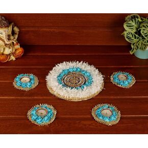 Itiha® Blue Floral Rangoli Indian Decor for Wall, Floor & Table Decoration for Christmas and Diwali - 5 Piece Handmade(12 inches)