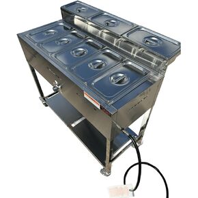 Acero Pro 5 Container Outdoor Steam Table Food Warmer Cart - 3 Condiment Containers - Total 8 Pans (40 Quarts Total) - Propane Fueled - Stainless Steel - Portable for Home, Commercial, and Catering