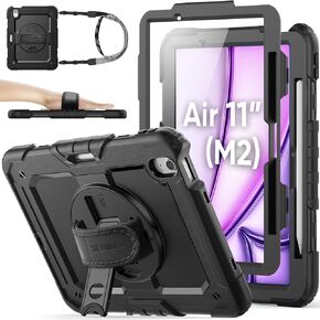 SEYMAC stock Case for iPad Air 11 inch (M2) 2024 / Air 6th Generation Case, Shockproof Protective Case with Pencil Holder Screen Protector, 360° Rotate Stand Case with Hand/Shoulder Strap Case, Black