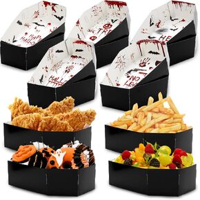 100Pcs Halloween Coffin Snack Trays Bloody Paper Food Trays Scary Handprint Bat Skull Coffin Boxes for Halloween Trick or Treat Party Food Storage Serving Supplies