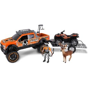 مجموعة ألعاب NKOK Realtree ذات العجلات الحرة بمقياس 1/18 مكونة من 10 قطع، قارب صيد RT Ford F-250 Super Duty على مقطورة وملحقات (رف سقف، صياد، 2 بط، قوس وسهام)، متعدد، (21844)