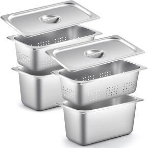 Mifoci 6 Pcs Full Size Hotel Pan with Lid Set Include 2 Stainless Steel Pan 2 Perforated Steam Pan 2 Steam Table Pan Cover for Restaurant Kitchen Supplies (1/2 Size)