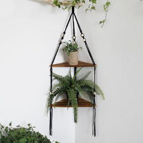 Artilady Macrame Corner Shelf Wall Hanging - 2 Tier White Corner Floating Shelves Boho Wall Decor, Rustic Wooden Plant Shelf Storage Rack for Bedroom Living Room Bathroom