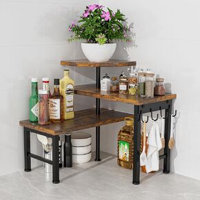 Kitchen Countertop Organizer, 3 Tier Moveable Corner Shelf Kitchen Shelf with Hook, Countertop Organizer for Kitchen, Bathroom, Spice Rack, Bookshelf, Coffee Area, Dresser Table (Brown)