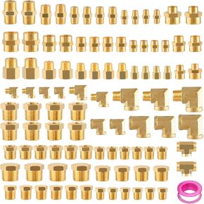 98PCS Brass Pipe Fittings Assortment Kit NPT Adapter,Reducer Bushing, Hex Nipple, Reducing Hex Coupling,Hex Head Plugs,90 Degree Street Elbow,Street Tee Fittings Kits