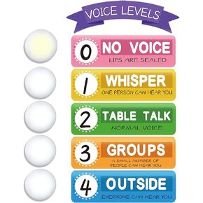 6 Pcs School Push Light and Voice Level Poster LED Tap Light Voice Poster Chart Battery Operated Button Lights Noise Level Monitor Rules Sign for Classroom Elementary Teachers