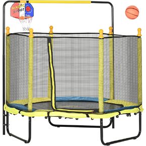Qaba 4.6' Kids Trampoline with Basketball Hoop, Horizontal Bar, 55" Indoor Trampoline with Net, Small Springfree Trampoline Gifts for Kids Toys, Ages 3-10