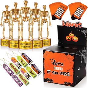 Sratte 56 Pcs Halloween Party Supplies, Halloween Costume Contest Ballot Box, 5 Gold Costume Skeleton Trophies, 40 Voting Cards and 10 Award Prize Cards for Adults Game Favor Fun Decor(Skull)