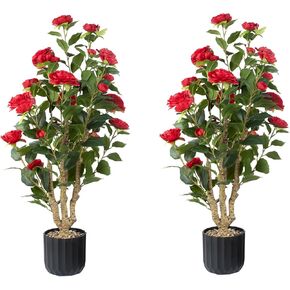 38" Artificial Camellia Tree 2 Packs, Faux Camellia Plant in Pebbles Pot with Red Flowers, Greenery Camellia Tree for Spring Home Front Door Outdoor Indoor Decoration, Red