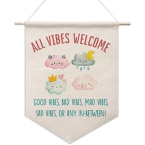 All Vibes Welcome Pennant Banner, Welcome Decor for Front Door Porch, Canvas Hanging Pennant Flag, Welcome Door Sign, Therapy Wall Art, Counselor Therapy Office Decor, Feeling Poster