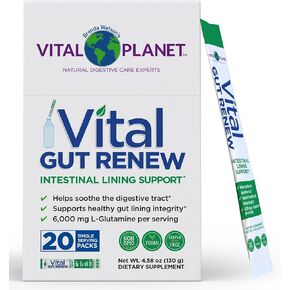 Vital Planet - Vital Gut Renew Powder Supplement for Leaky Gut Repair with L-Glutamine, Marshmallow and Ginger Root, DGL Licorice Root and Organic Aloe Vera, L Glutamine 6000mg, 20 Single Serve Packs