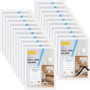 20 Pieces A4 Magnetic Sign Holder, 8 * 11.5 inch Door Window Document Reusable Adhesive Frames, Wall Glass Peel and Picture Frames (White)