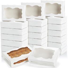 Hiceeden 50 Pack White Cookie Boxes for Gift Giving, 8"×5.4"×2" Bakery Candy Box with Clear Window, Treat Dessert Boxes for Pastry Donuts Candy Biscuit Macaron Chocolate Strawberry