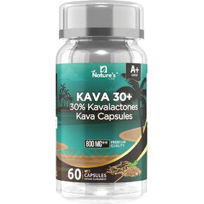 Nature's Vibe Kava 30+, 30% Kavalactones, Kava Capsules, 800 mg, Premium Quality, 60 Veg Capsules