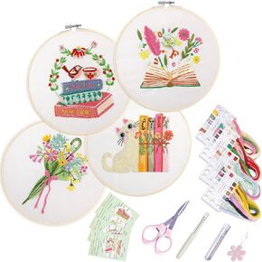 SQIALOUN 4 Sets Embroidery kit for Beginners Adults and Kids with Patterns, Beginner Embroidery Kit, Embroidery Kits for Adults,Hand Embroidery Kit includes Bamboo Hoop, Cloth, etc